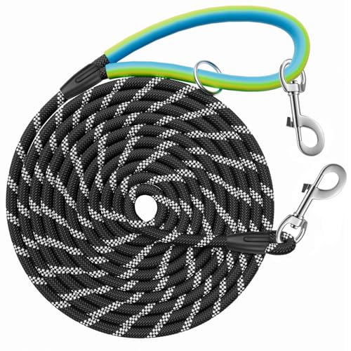 Aystkniet Reflektierende Trainingsleinen für Hunde, 5 m/10 m/15 m/20 m/30 m lange Leine mit Doppelclip und weichem Gummigriff, starke Schlepp-Trainingsleine für kleine, mittelgroße und große Hunde von Aystkniet