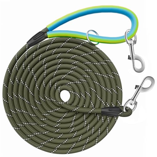 Aystkniet Reflektierende Trainingsleinen für Hunde, 5 m/10 m/15 m/20 m/30 m lange Leine mit Doppelclip und weichem Gummigriff, starke Schlepp-Trainingsleine für kleine, mittelgroße und große Hunde von Aystkniet