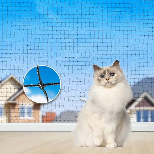 Aystkniet katzennetz für Balkon, 12 x 3 m Katzennetz Drahtverstärkt Schwarz mit 15M Befestigungsseil und Zubehör, Katzen Schutznetz für Fenster Terrasse Tür Innen und Außen von Aystkniet