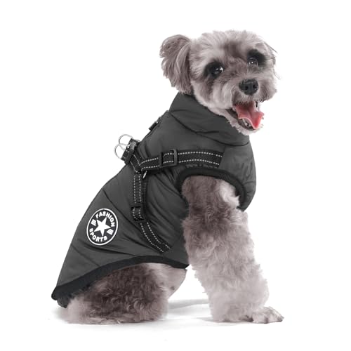 Aywoja Warme Hundemantel Winter Mit Geschirr für Kleine Hunde, Wasserdicht, Maschinenwaschbar, Reflektierender Streifen, Haltbarer D-Ring von Aywoja