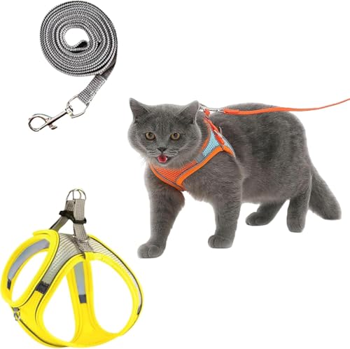 Serenosole CatVenture | Bequemes Katzengeschirr & Hundegeschirr Set – Verstellbar, Step-in Design, Reflektierende Streifen, No-Pull Brustgeschirr mit Leine für kleine Hunde & Katzen (Gelb,XXS) von Azarton