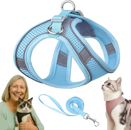 Serenosole Katzengeschirr Ausbruchsicher mit Leine – Atmungsaktive & Bequeme Katzenweste mit Reflektierenden Streifen, Verstellbares Geschirr für Katzen und Kleine Hunde (Blau,XS) von Azarton