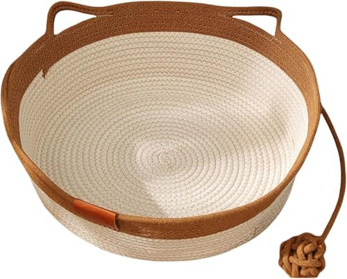 Tier-Herzen Handgewebtes Katzenbett aus Baumwollseil – Kratzfest & Waschbar – Atmungsaktives Katzenkörbchen mit Spielball & Katzenohr-Design – Bequemes Schlafplatz für Katzen & Kätzchen (Braun,M) von Azarton