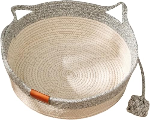 Tier-Herzen Handgewebtes Katzenbett aus Baumwollseil – Kratzfest & Waschbar – Atmungsaktives Katzenkörbchen mit Spielball & Katzenohr-Design – Bequemes Schlafplatz für Katzen & Kätzchen (Grau,M) von Azarton