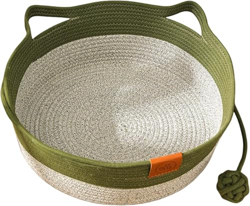 Tier-Herzen Handgewebtes Katzenbett aus Baumwollseil – Kratzfest & Waschbar – Atmungsaktives Katzenkörbchen mit Spielball & Katzenohr-Design – Bequemes Schlafplatz für Katzen & Kätzchen (Grün,L) von Azarton