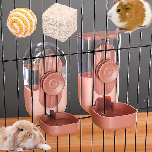 Hängendes automatisches Wasserset für kleine Haustiere, automatisches Schwerkraft-Futter- und Tränkeset, eingesperrter Haustiernapf, Kaninchen+ 1 Backenzahnstein 4,5 cm+1 Sisalball(rosa) von AzulLanse