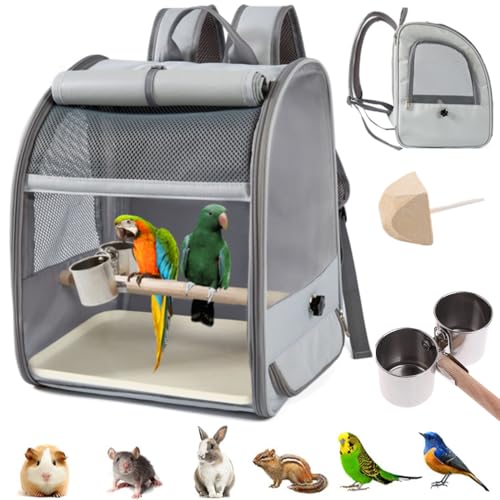 Transportbehälter für Vögel,Rucksack für Vögel mit Holzstab,Vogel transportbox,mit Edelstahl-Clip-Cups,tragbare Vogelträger Reisetasche,1 Backenzahnstein,1 Kunststoffpalette von AzulLanse