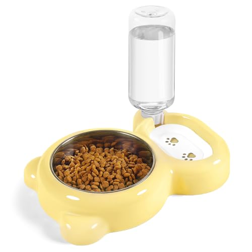 Hundenäpfe Katzenfutter und Wassernapf Set mit Wasserspender und Edelstahlnapf für Katzen und kleine Hunde - Gelb von Azwraith
