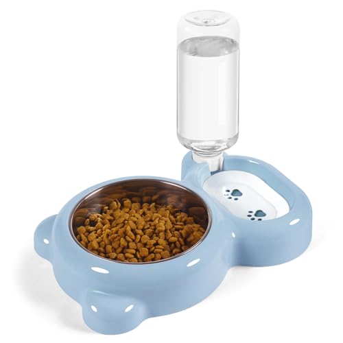 Azwraith Hundenäpfe Katzenfutter und Wassernapf Set mit Wasserspender und Edelstahlnapf für Katzen und kleine Hunde - Hellblau von Azwraith
