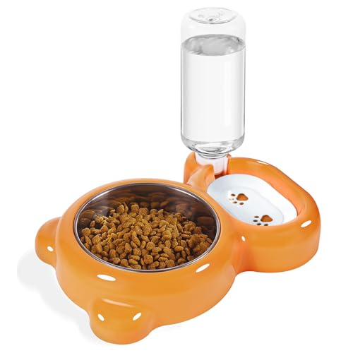 Azwraith Hundenäpfe Katzenfutter und Wassernapf Set mit Wasserspender und Edelstahlnapf für Katzen und kleine Hunde - Orange von Azwraith