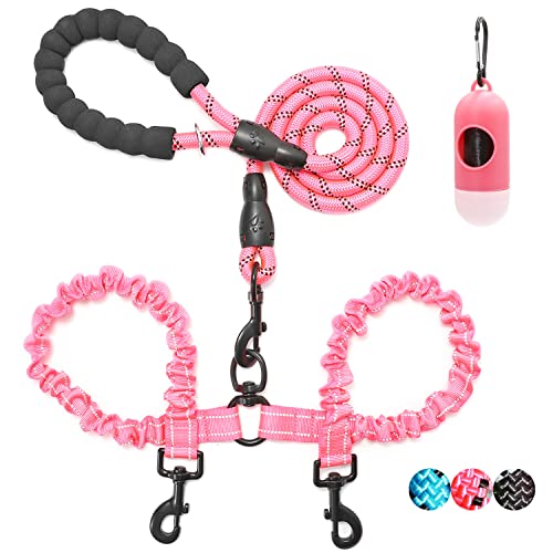 BAAPET Double Dog Leash, 4 FT Rope Dog Leash with Tangle Free Shock Absorbing Bungee and Poop Bags for Dual Small Medium Large Dogs (0~18 lbs, Pink) von BAAPET