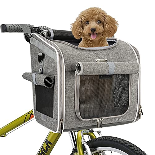 BABEYER Hunde-Fahrradkorb, erweiterbar, weich, für Haustiere, Rucksack mit 4 offenen Türen, 4 Netzfenstern für kleine Hunde, Katzen, Welpen, Grau von BABEYER