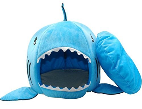 BADASS SHARKS Hai-Motive Hundehütte Hundebett Hundekörbchen Katzenbett mit Kissen Hundehaus Haustier Schlafsack für drinnen Waschbar Haus & Sofa 42cm (Blau-50cm) von BADASS SHARKS