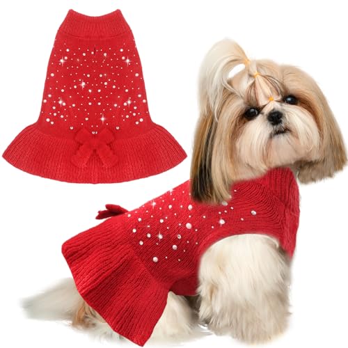 BAEJMJK Hunde-Pulloverkleid mit Loch für die Leine für kleine und mittelgroße Hunde, warmer Rollkragen, Mädchen, Hundepullover, Strickwaren, niedliches Haustier, Welpen, Katze, Strickkleidung für von BAEJMJK