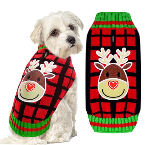BAEJMJK Hunde-Weihnachtspullover mit Loch für die Leine, klassisches Karomuster, Weihnachts-Rollkragenpullover, Strickwaren, warmer Welpen, Katze, Strickpullover, Winter-Hundekleidung, Outfits für von BAEJMJK