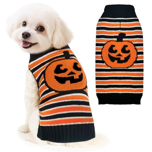 BAEJMJK Süßer Halloween-Hundepullover, weich, gestreift, Kürbis, Welpenpullover mit Loch für die Leine, warm, Rollkragen, für kleine, mittelgroße und große Hunde, Katzen (groß) von BAEJMJK