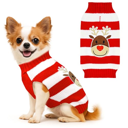 BAEJMJK Weihnachtspullover für Hunde, gestreift, warm, Rollkragen, für Herbst und Winter, Strickpullover für kleine, mittelgroße und große Hunde (rotes Rentier A, Größe XXL) von BAEJMJK