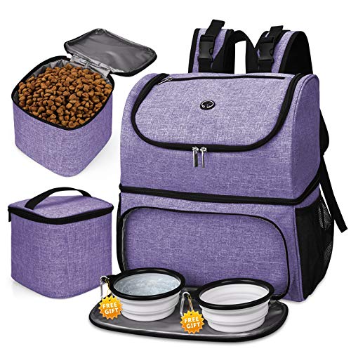BAGLHER Haustier-Reisetasche, doppellagiger Haustierbedarfs-Rucksack (für alle Haustier-Reiseutensilien), Reiserucksack mit 2 faltbaren Silikon-Näpfen und 2 Futterkörben (zum Patent angemeldet) lila von BAGLHER