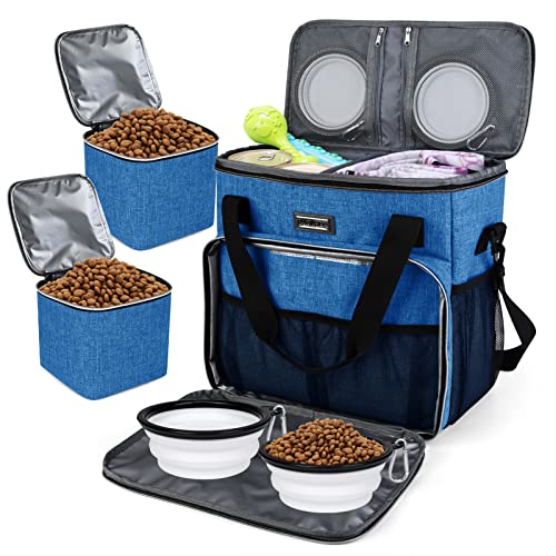 BAGLHER Hunde-Reisetasche, Haustier-Reisetasche (alle Haustier-Reiseutensilien), mit 2 Futterbehältern und 3 faltbaren Silikonnäpfen; unverzichtbares Set für Haustier-Reisen, blau von BAGLHER