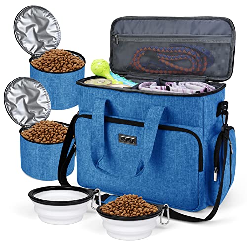 BAGLHER Hunde-Reisetasche, Haustier-Reisetasche (alle Haustier-Reiseutensilien), mit 2 Futterbehältern und 3 faltbaren Silikonnäpfen; unverzichtbares Set für Haustier-Reisen, blau von BAGLHER