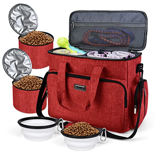 BAGLHER Hunde-Reisetasche, Haustier-Reisetasche (alle Haustier-Reiseutensilien), mit 2 Futterbehältern und 3 faltbaren Silikonnäpfen; unverzichtbares Set für Haustier-Reisen, rot von BAGLHER