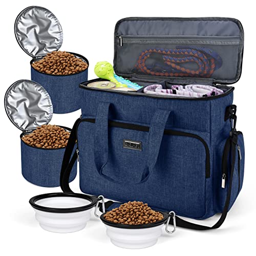 BAGLHER Hunde-Reisetasche, Haustier-Reisetasche (alle Haustier-Reiseutensilien), mit 2 Futterbehältern und 3 faltbaren Silikonnäpfen; unverzichtbares Set für Haustiere, Reisen, Dunkelblau von BAGLHER