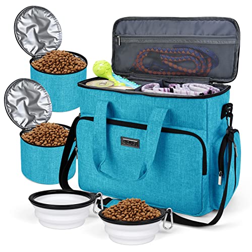 BAGLHER Hunde-Reisetasche, Haustier-Reisetasche (alle Haustier-Reiseutensilien), mit 2 Futterbehältern und 3 faltbaren Silikonnäpfen; unverzichtbares Set für Haustiere, Reisen, Himmelblau von BAGLHER