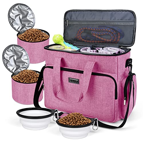 BAGLHER Hunde-Reisetasche, Haustier-Reisetasche (alle Haustier-Reisebedarf), mit 2 Haustierfutterbehältern und 3 faltbaren Silikonnäpfen; unverzichtbare Kits für Haustierreisen, Rosa von BAGLHER
