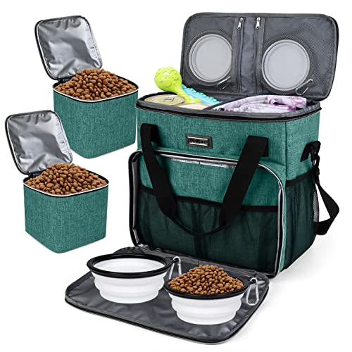 BAGLHER Reisetasche für Hunde und Haustiere (alle Haustier-Reisebedarf), mit 2 Futterbehältern und 3 faltbaren Silikonnäpfen; unverzichtbares Set für Reisen, Grün von BAGLHER