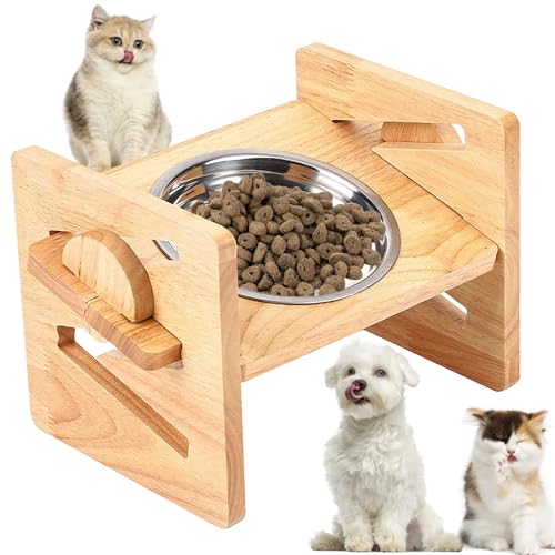 Hundenapf Erhöht mit Ständer, Erhöhte Hundenapf Höhenverstellbar mit 450ML Edelstahl Fressnapf, Hundenäpfe Futterstation aus Bambus, Einzeln Erhöhte Hundebar für Kleine Medium Hunde & Katzen, 16 cm von BAIFULAI