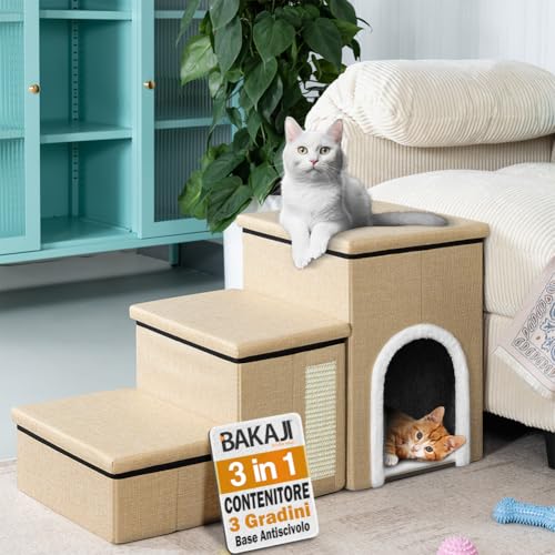 BAKAJI 3-in-1 Klapptreppe für Hunde und Katzen, aus Polyester, Beige, multifunktionale Leiter für Staufach und Hundehütte, ergonomische Stufen, rutschfeste Unterseite von BAKAJI