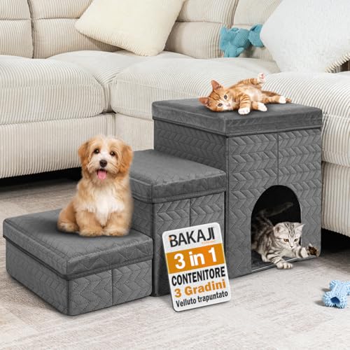 BAKAJI 3-in-1 Klapptreppe für Hunde und Katzen, aus gestepptem Samt, dunkelgrau, multifunktionale Haustiertreppe mit Stauraum und Hundehütte, ergonomische Stufen mit Rutschfester Unterseite von BAKAJI