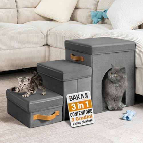 BAKAJI 3-in-1 Klapptreppe für Hunde und Katzen, aus grauem, holländischem Samt, multifunktionale Haustiertreppe und -hütte, ergonomische Stufen, rutschfeste Unterseite von BAKAJI