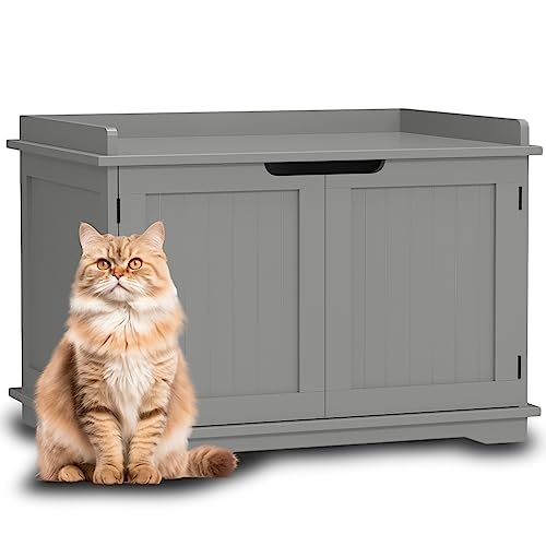 BAKAJI Erhöhter Katzentoilette mit seitlichem Eingang, runder Eingang, Mehrzweckschrank für Haustiere mit 2 Türen, Magnetverschluss, Bett Farbe Grau, 72 x 51 x 52 cm von BAKAJI