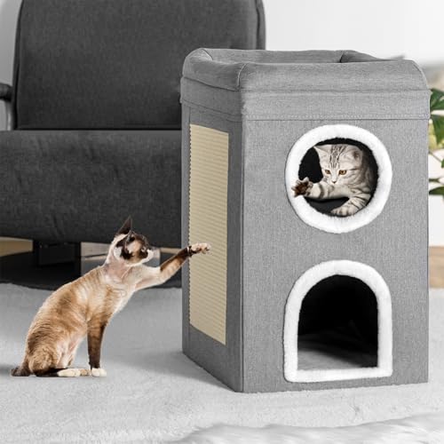 BAKAJI Graues Katzenhaus mit 3 vertikalen Ebenen, Haus für Haustiere, Kratzbaum aus warmem und gepolstertem Polyester, Kratzbett mit rutschfester Unterseite, 41 x 41 x 63 cm von BAKAJI