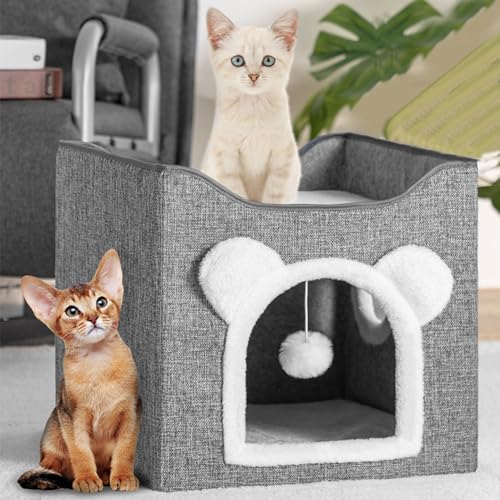 BAKAJI Graues Katzenhaus mit Bogen-Eingang, Haus 40 x 40 x 38 cm, Kratzbaum für Haustiere aus warmem und gepolstertem Polyester, 2 Etagen mit Rutschfester Unterseite von BAKAJI