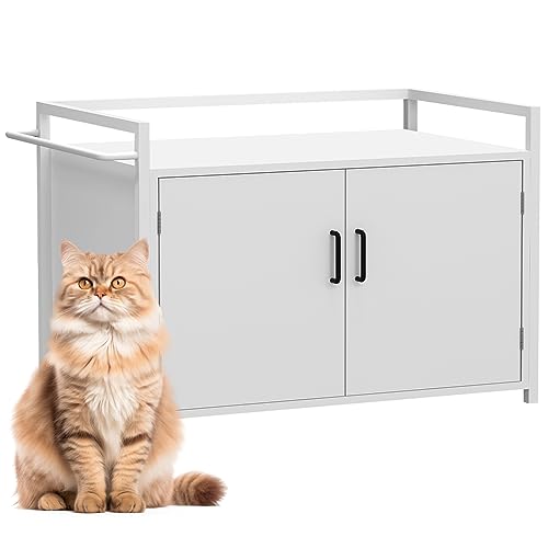 BAKAJI Katzentoilette mit seitlichem Eingang in Form Einer Katze, Mehrzweckschrank für Haustiere, 2 Türen, magnetischer Verschluss, Gestell aus Eisen, 75 x 55 x 51 cm (weiß) von BAKAJI