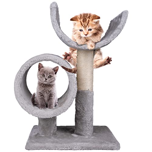BAKAJI Kratzbaum für Katzen mit Sisalseil und grauem Plüschbezug, 33 x 29 x 50 cm, Baum mit Tunnel und Halbkreis für Haustiere, Felini, interaktives Spiel von BAKAJI