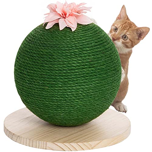 BAKAJI Kratzbaum rund Kugelform Kugel für Katzen Katzenkatzen Farbe Grün mit Blume interaktiv für Nägel Kratzfest Spielzeug stabil robust Seil aus Hanf von BAKAJI