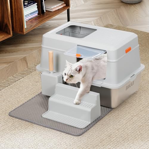 BAKAJI XXL Katzentoilette mit Edelstahlbasis 35 Liter und sandabweisender Leiter, transparente Tür mit Verriegelung, Schaufel mit Behälter, Schmutzmatte 60 x 40 x 39 cm BAKAJI XXL Katzentoilette mit Edelstahlbasis 35 Liter und sandabweisender Leiter, transparente Tür mit Verriegelung, Schaufel mit Behälter, Schmutzmatte 60 x 40 x 39 cm von BAKAJI