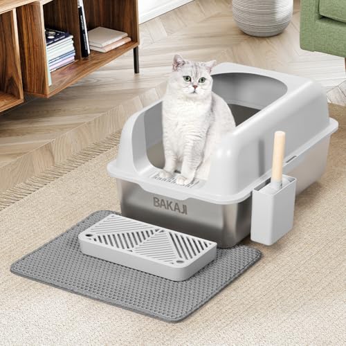 BAKAJI XXL Katzentoilette mit Stahlfuß mit Rand und sandabweisender Trittfläche, Auffangschaufel mit Behälter und Schmutzmatte, rutschfester Boden, Fassungsvermögen 35 Liter, 60 x 40 x 30 cm von BAKAJI