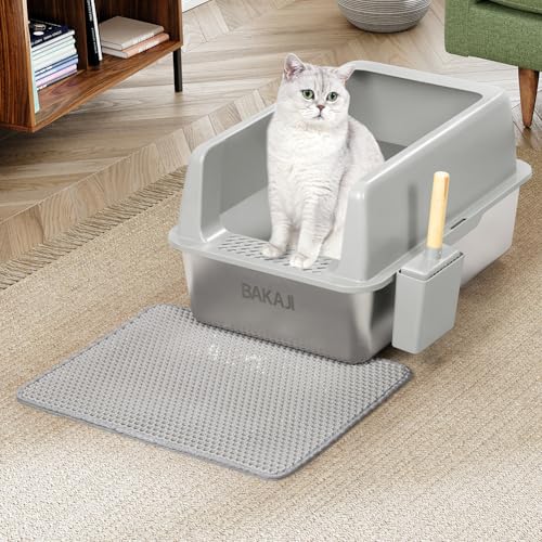 BAKAJI XXL offene Katzentoilette mit Boden aus Stahl, sandabweisend, Schaufel und Behälter, Schmutzmatte, rutschfeste Unterseite, Fassungsvermögen 35 l, Farbe: Grau, 60 x 40 x 30 cm BAKAJI XXL offene Katzentoilette mit Boden aus Stahl, sandabweisend, Schaufel und Behälter, Schmutzmatte, rutschfeste Unterseite, Fassungsvermögen 35 l, Farbe: Grau, 60 x 40 x 30 cm von BAKAJI