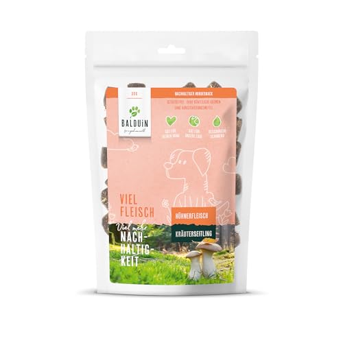 BALDUIN Hundesnack Huhn mit Kräuterseitling, 100 g, nachhaltige Hundeleckerlis mit 70% bestem Hühnerfleisch und 30% Kräuterseitling-Pilzsubstrat von BALDUIN