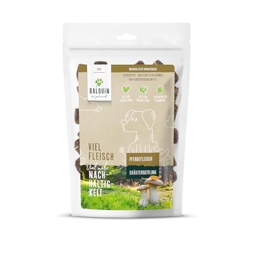 BALDUIN Hundesnack Pferde mit Kräuterseitling, 100 g, nachhaltige Hundeleckerlis mit 70% bestem Pferdefleisch und 30% Kräuterseitling-Pilzsubstrat von BALDUIN