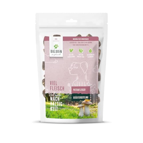 BALDUIN Hundesnack Pute mit Kräuterseitling, 100 g, nachhaltige Hundeleckerlis mit 70% bestem Putenfleisch und 30% Kräuterseitling-Pilzsubstrat von BALDUIN