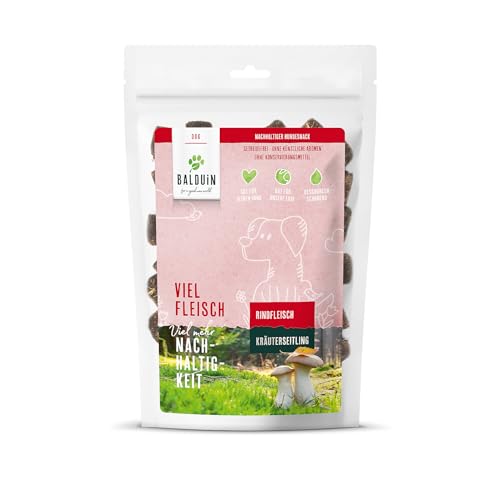 BALDUIN Hundesnack Rind mit Kräuterseitling, 100 g, nachhaltige Hundeleckerlis mit 70% bestem Rindfleisch und 30% Kräuterseitling-Pilzsubstrat von BALDUIN