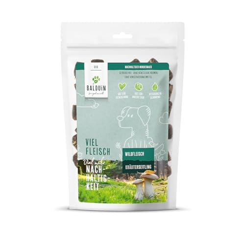 BALDUIN Hundesnack Wild mit Kräuterseitling, 100 g, nachhaltige Hundeleckerlis mit 70% bestem Wildfleisch und 30% Kräuterseitling-Pilzsubstrat von BALDUIN