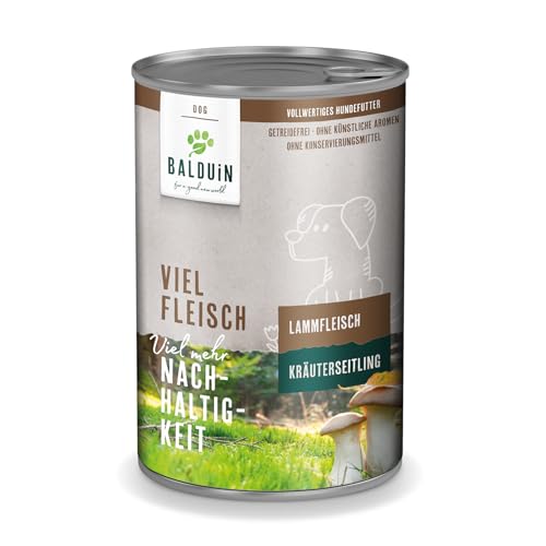 BALDUIN Nassfutter für Hunde, Lamm mit Kräuterseitling, 6 x 400 g, vollwertiges Hundenassfutter mit Einer einzigartigen Kombination aus Lammfleisch und Pilz-Mix von BALDUIN