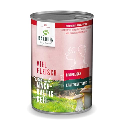 BALDUIN Nassfutter für Hunde, Rind mit Kräuterseitling,6 x 400 g, vollwertiges Hundenassfutter mit Einer einzigartigen Kombination aus Rindfleisch und Pilz-Mix von BALDUIN