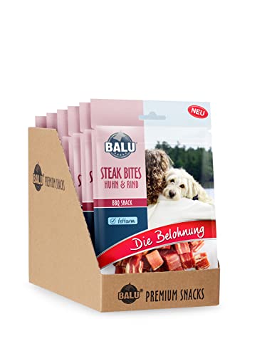 BALU Hundesnacks, Hunde Leckerlis fettarm, mit Huhn und Rind, für große und kleine Hunde, ideal für Training, Steak Bites BBQ Snack, 6 x 200 g Beutel (1200) von BALU